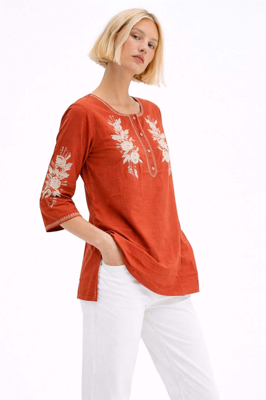 Terracotta Embroidered Straight Kurti