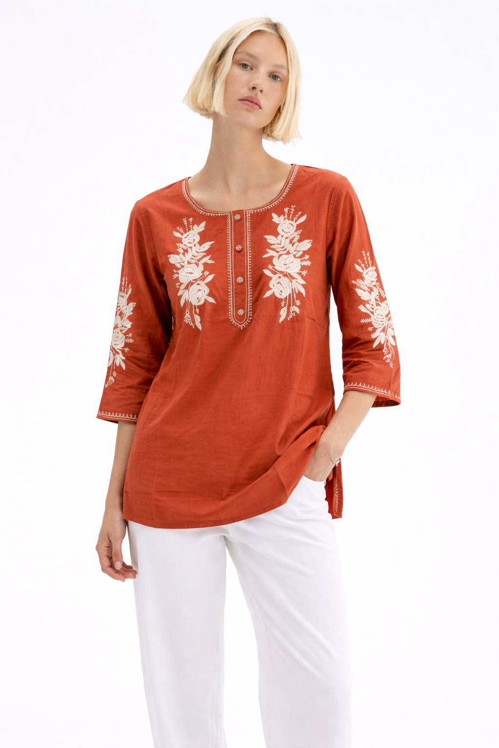 Terracotta Embroidered Straight Kurti