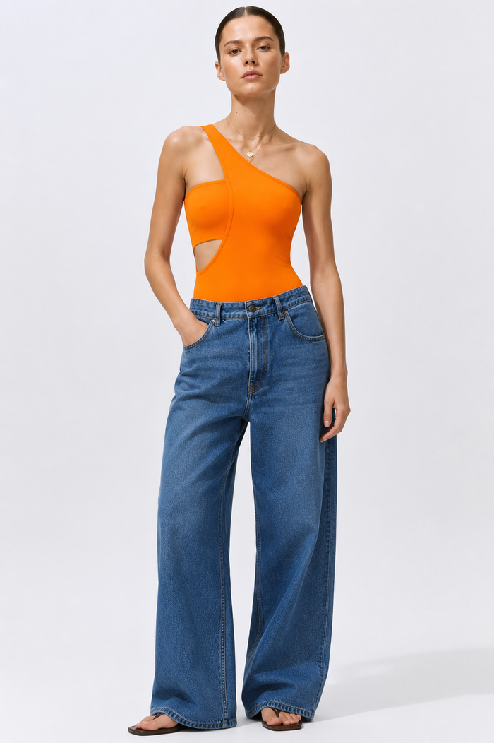 Orange One-Shoulder Cut-Out Bodysuit