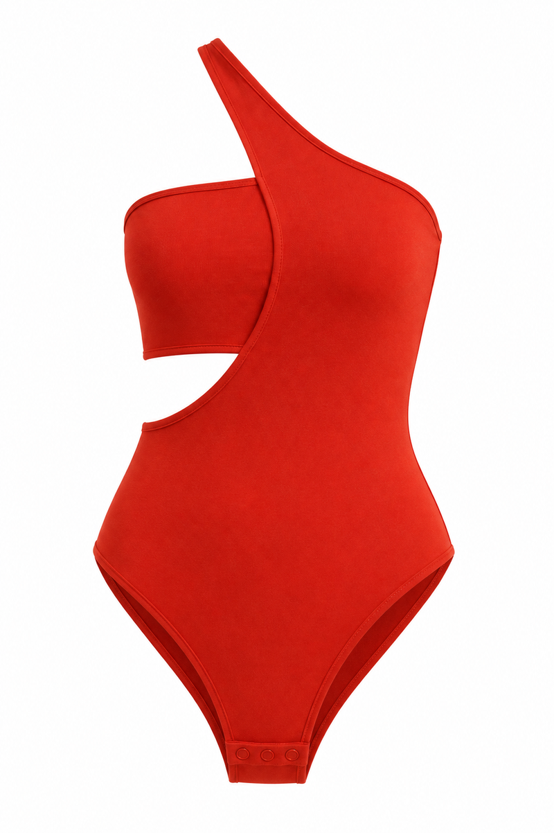 Red One-Shoulder Cut-Out Bodysuit