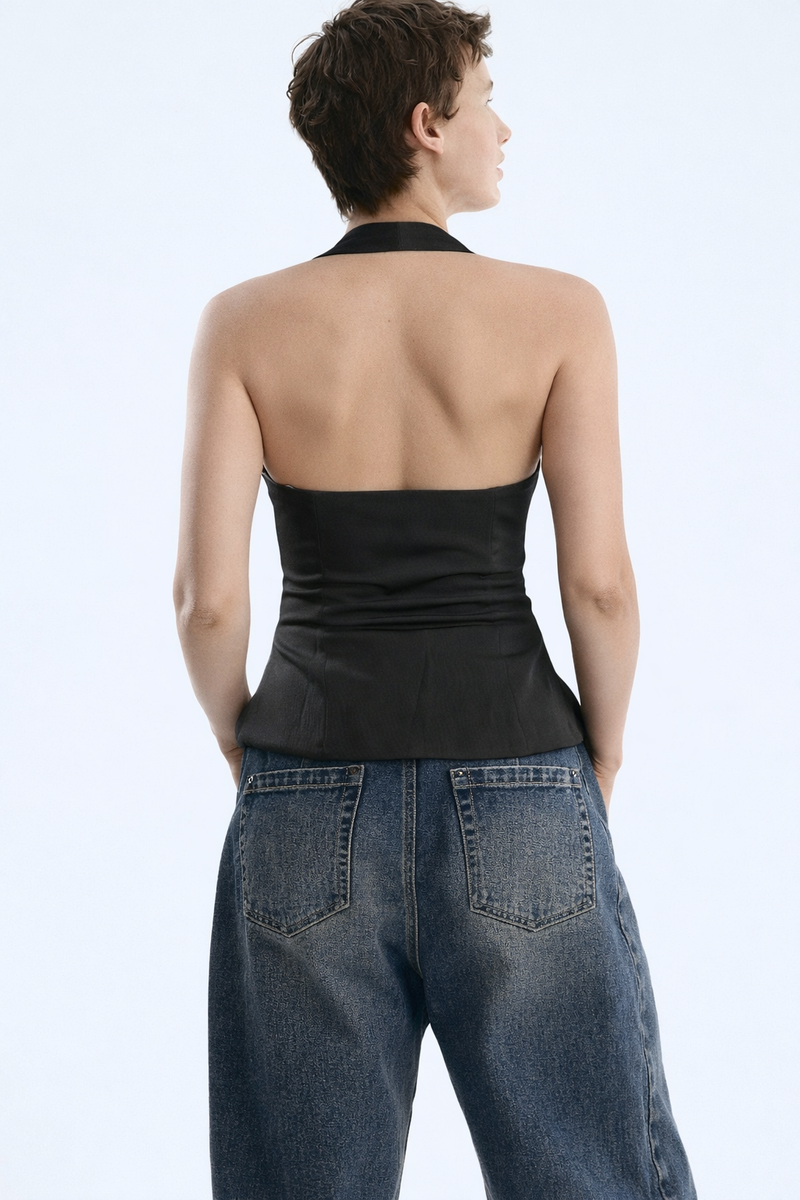 Women Black Halter Neck Vest Coat