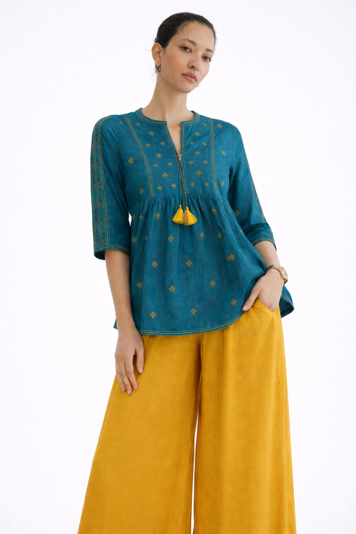 Teal Blue Embroidery Tassel Dobby Kurti