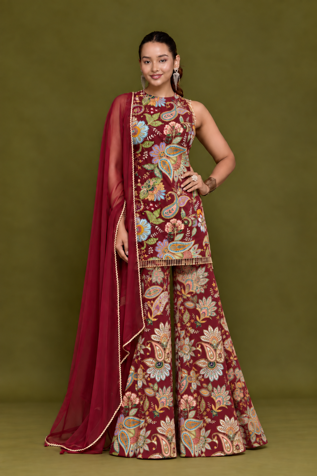 Mahroon Floral Sharara Set