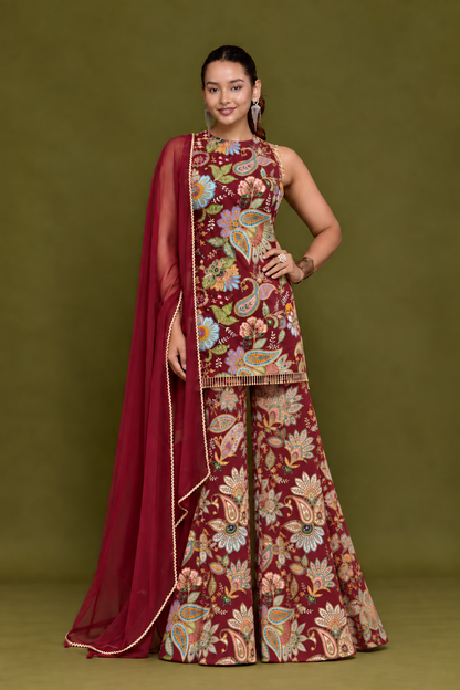 Mahroon Floral Sharara Set