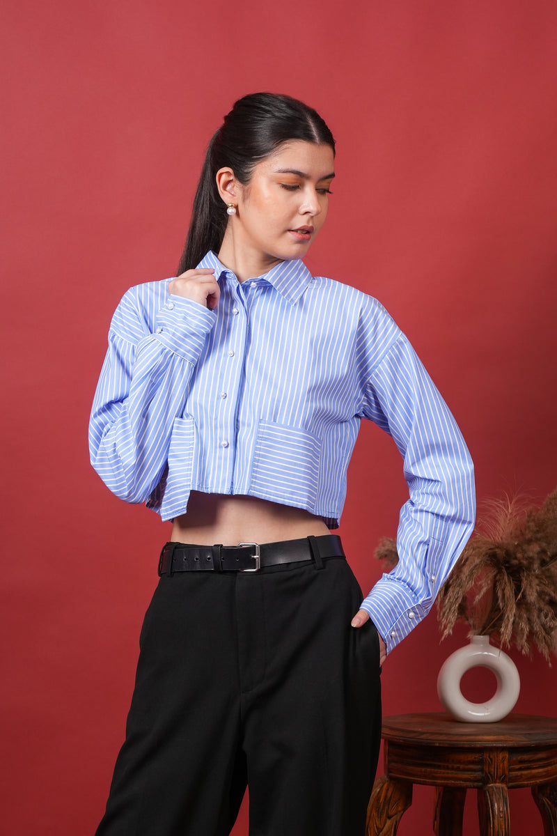 Women's Blue Stripe Crop Shirt