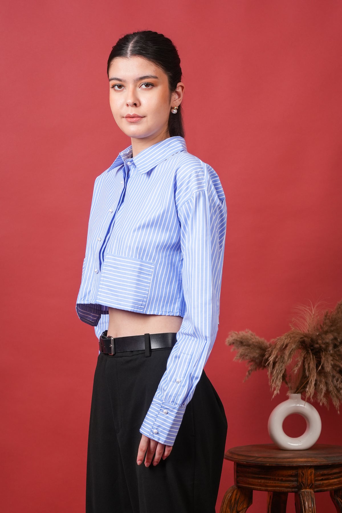 Women's Blue Stripe Crop Shirt