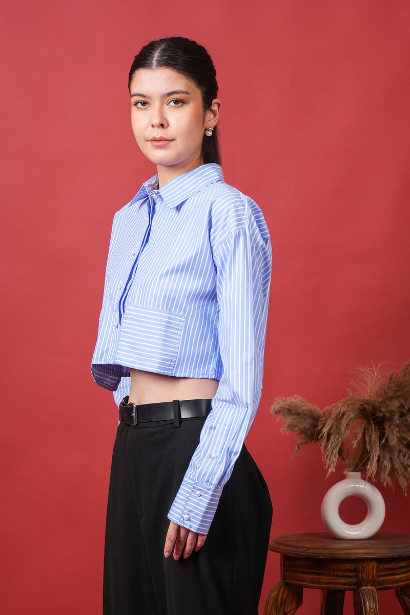 Women's Blue Stripe Crop Shirt
