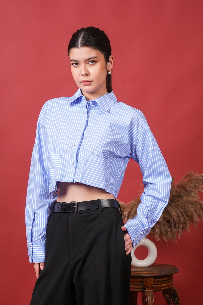 Women's Blue Stripe Crop Shirt
