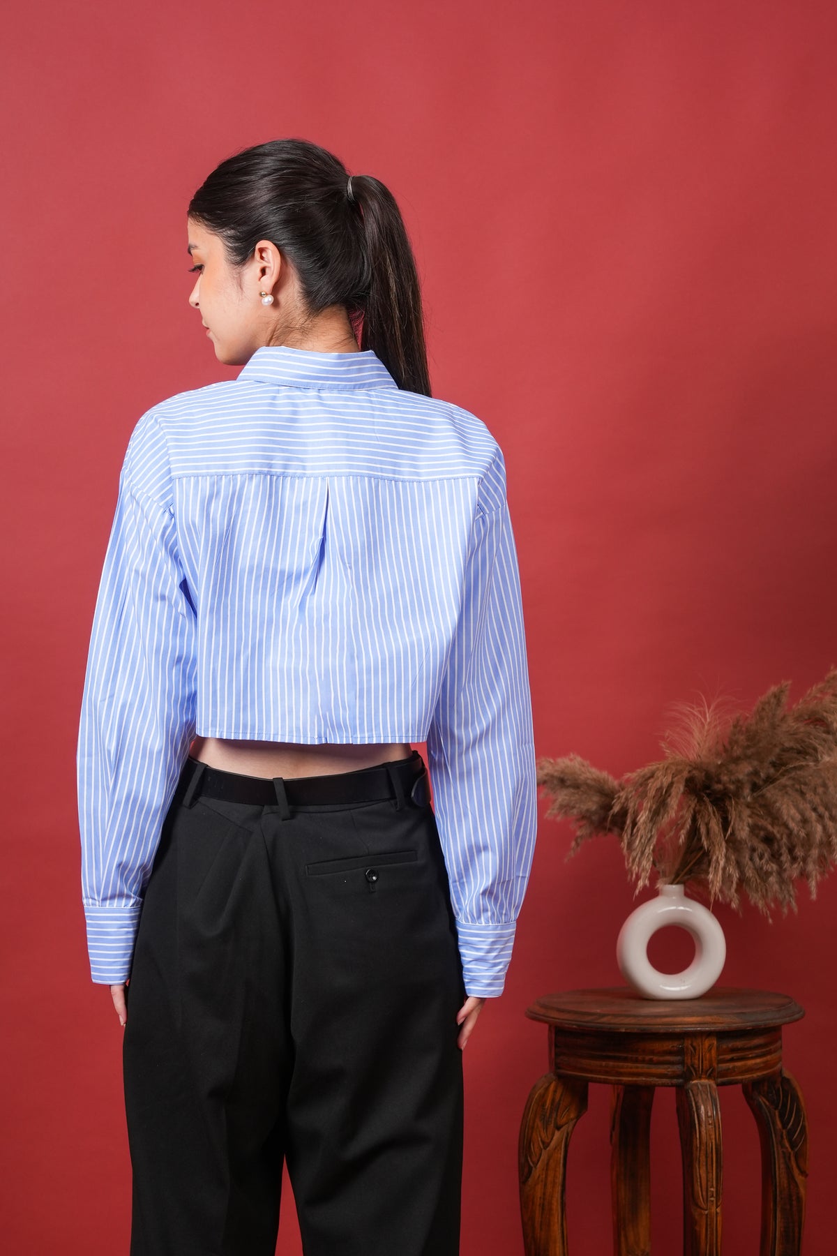 Women's Blue Stripe Crop Shirt