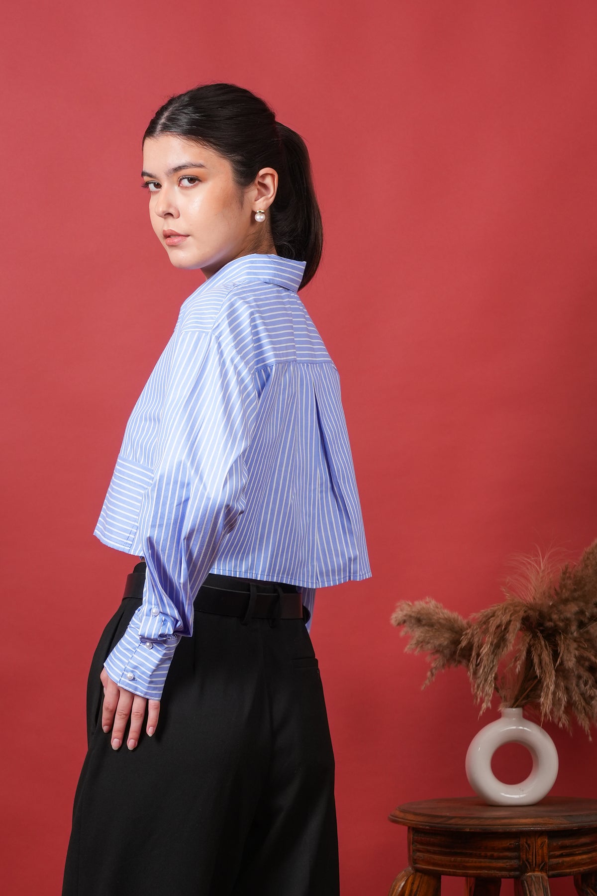Women's Blue Stripe Crop Shirt