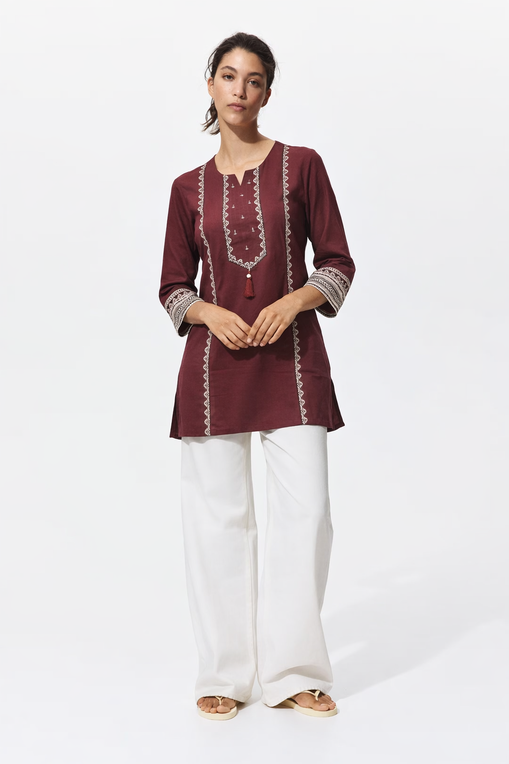Maroon Printed Straight Kurti