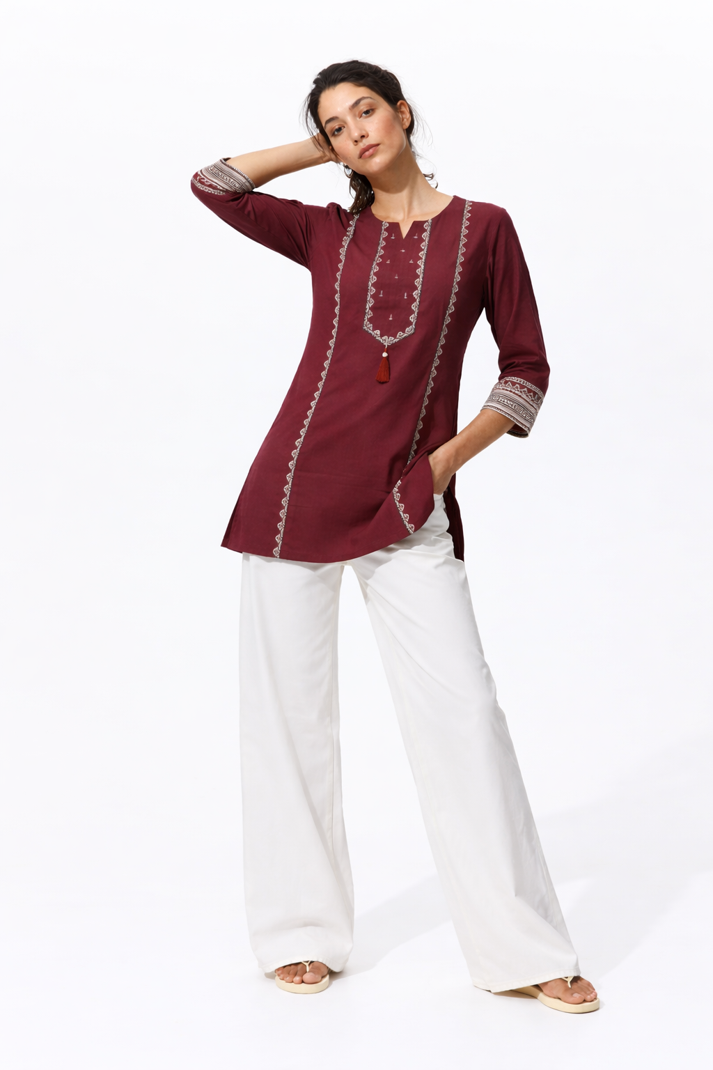 Maroon Printed Straight Kurti
