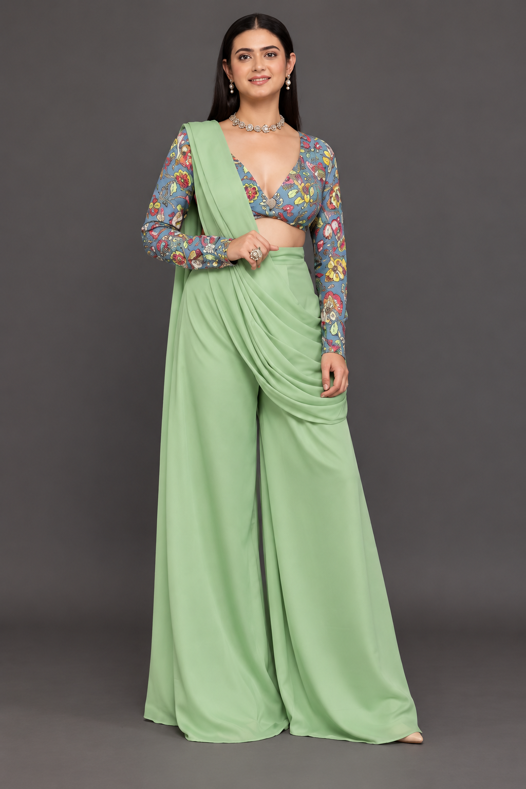 Sage Bloom Draped Palazzo Set
