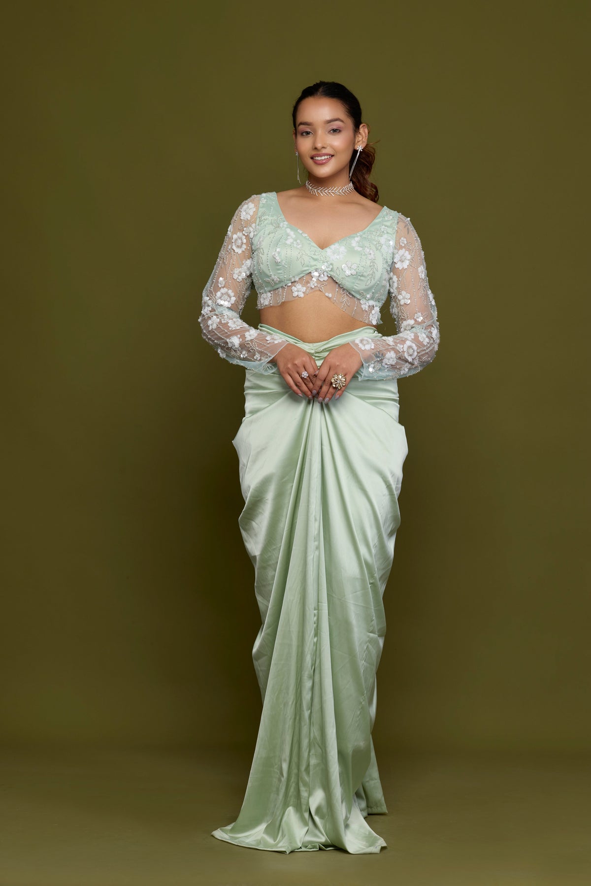 Vrinda mint satin drape saree with sheer 3D floral blouse - front