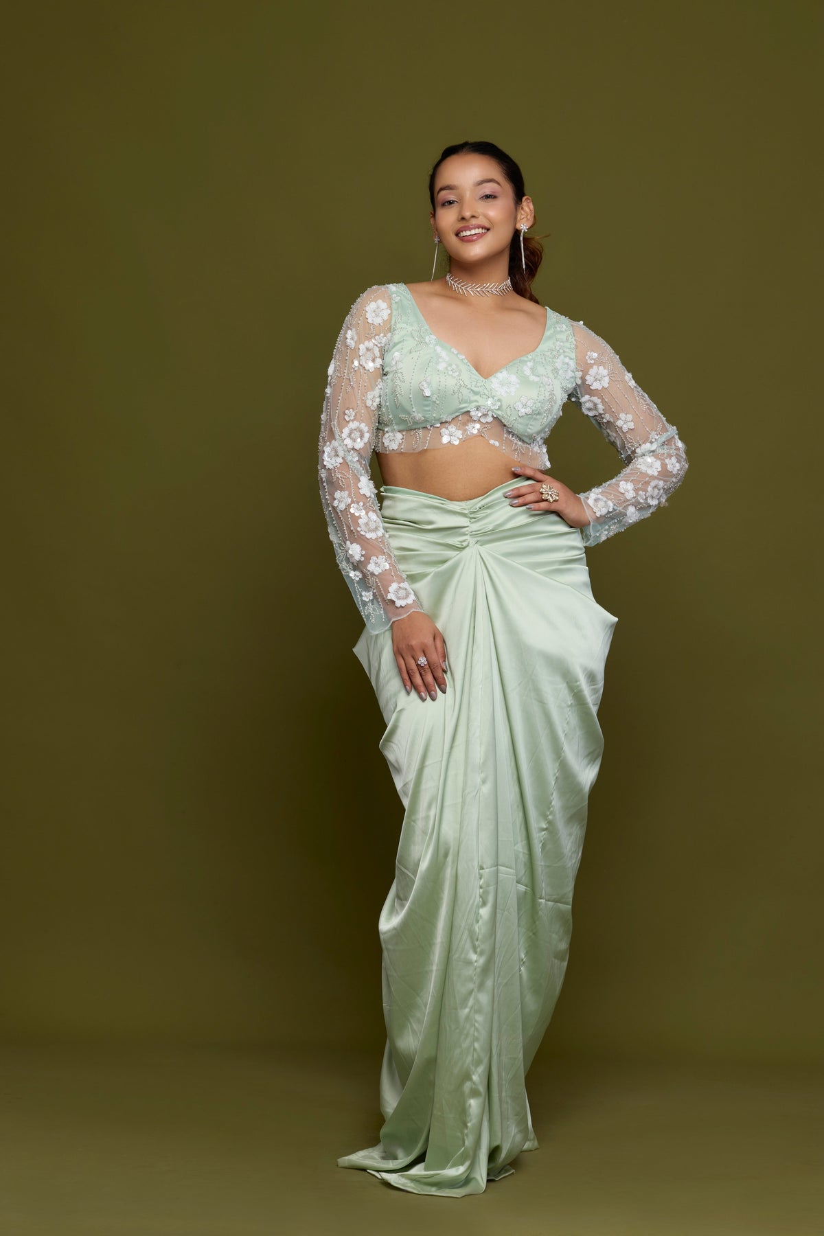 Vrinda mint satin drape saree - front angle