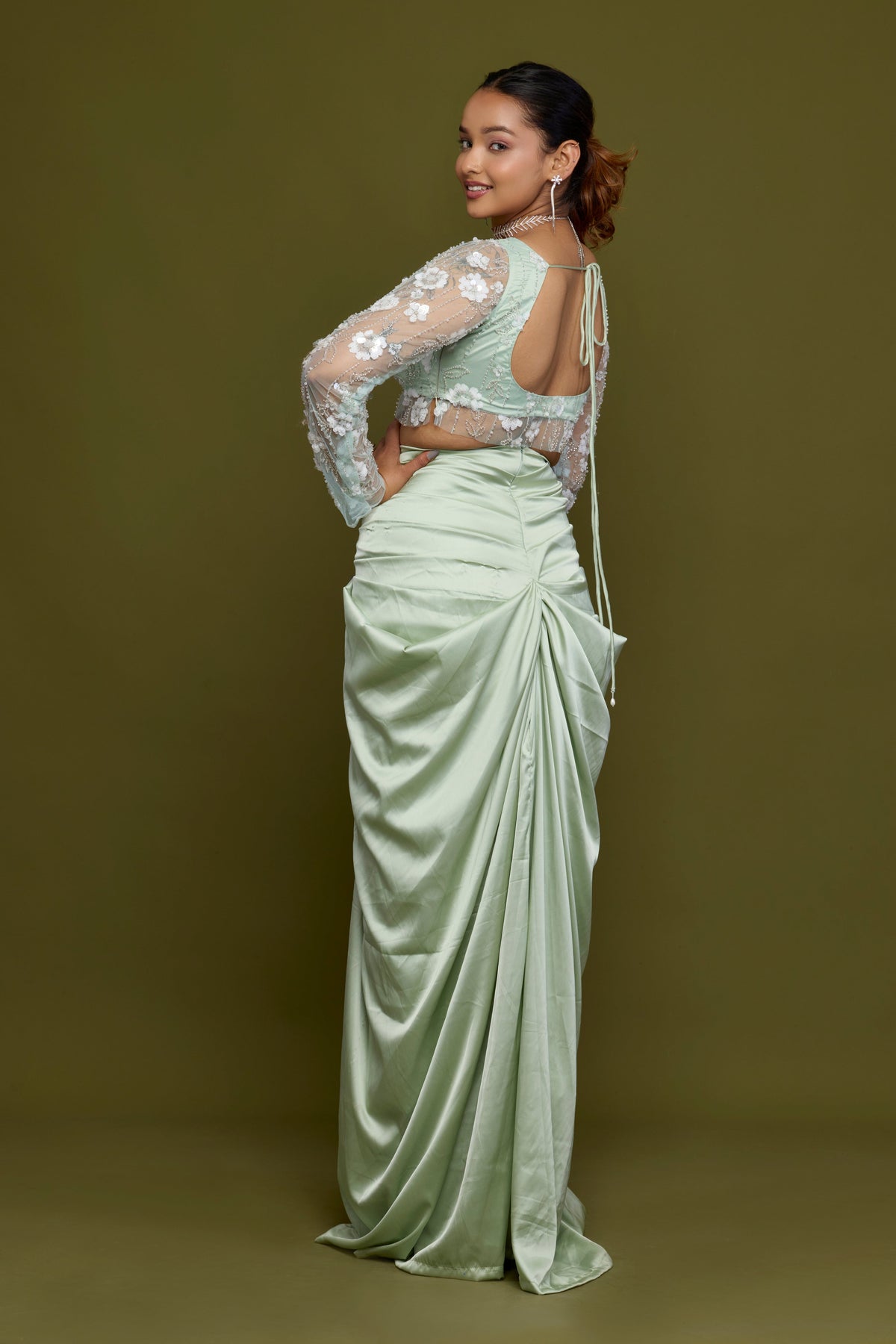 Vrinda mint drape saree - open tie-back blouse detail