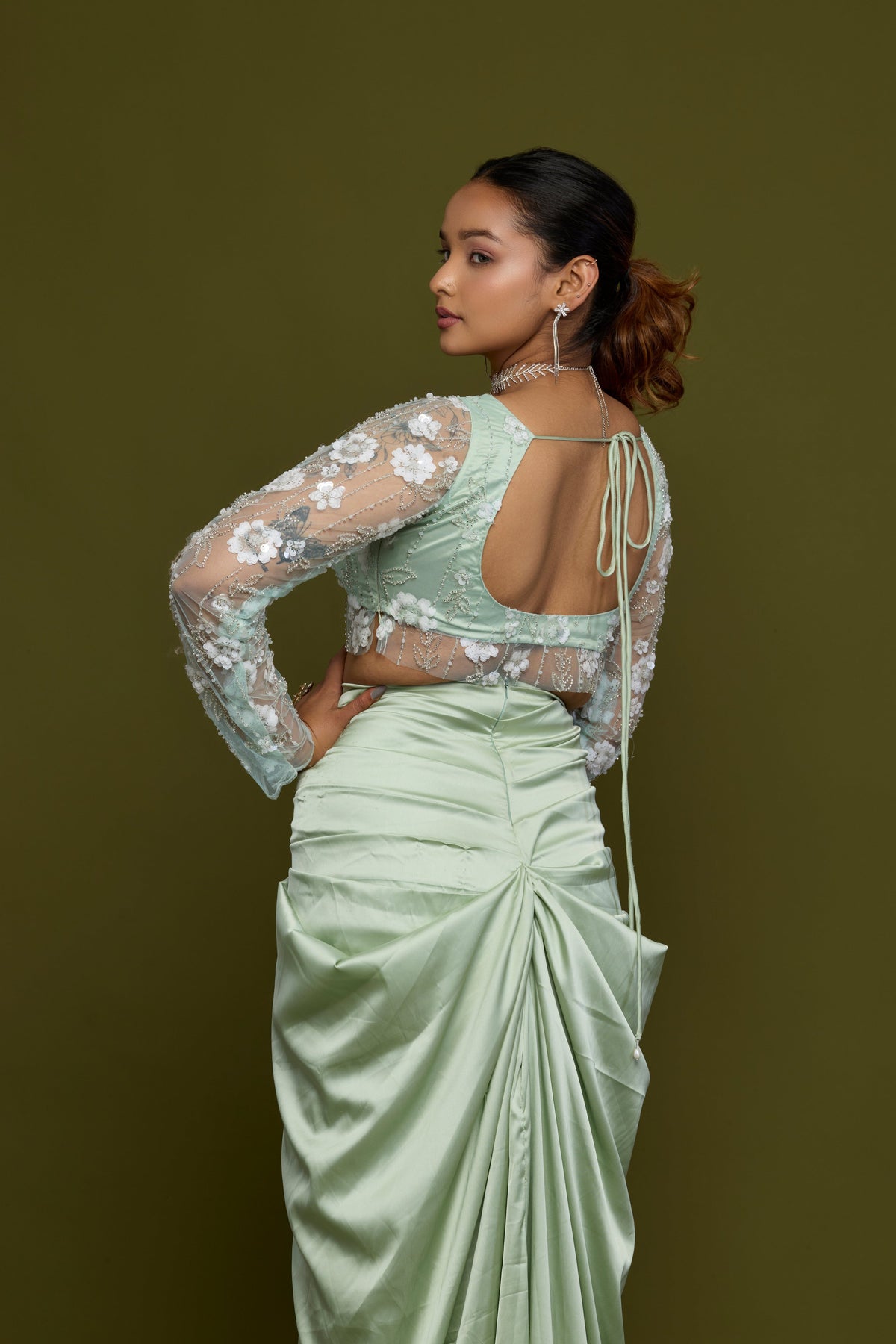 Vrinda mint drape saree - back embroidery detail