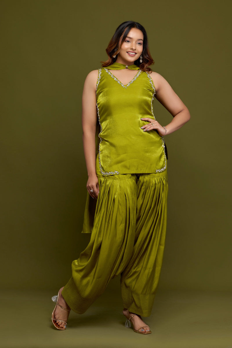 Olive Satin Kurti Set