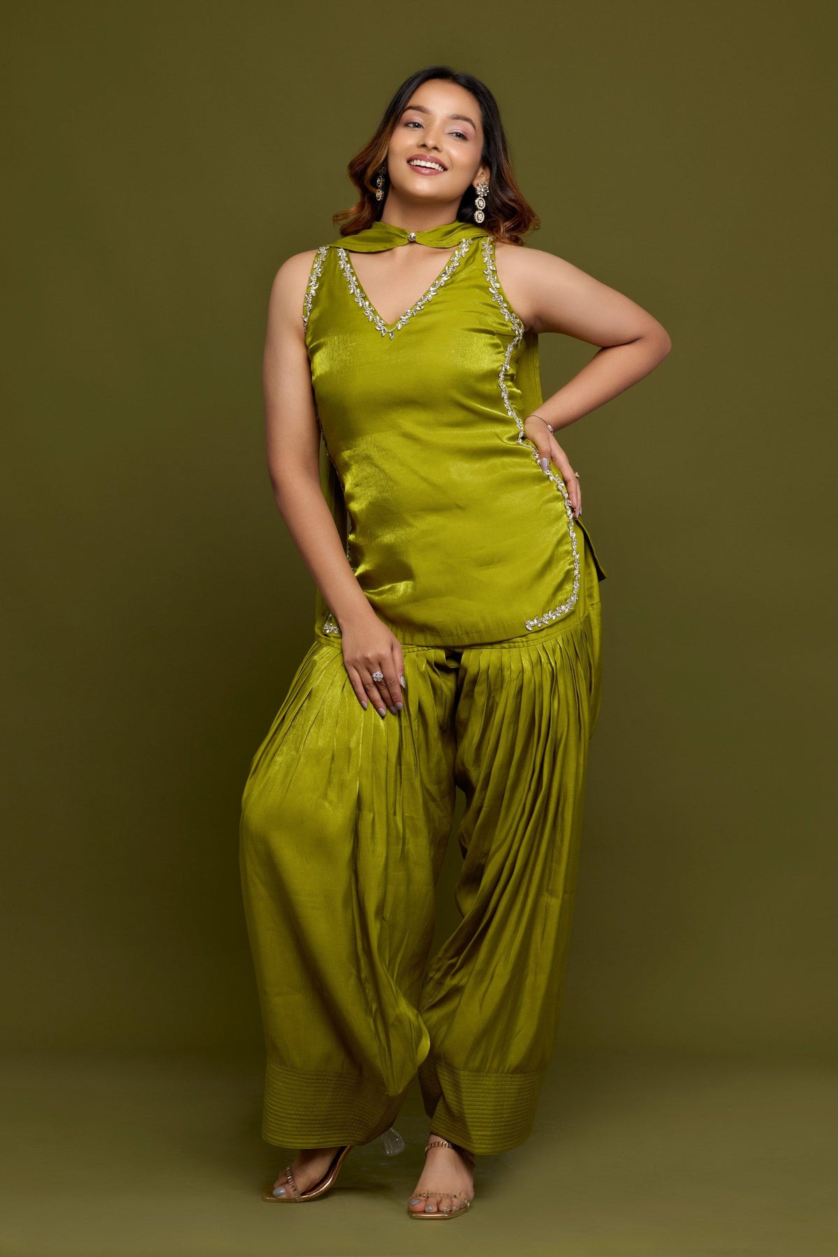 Harita olive satin kurti with crystal trim and dhoti - detail view