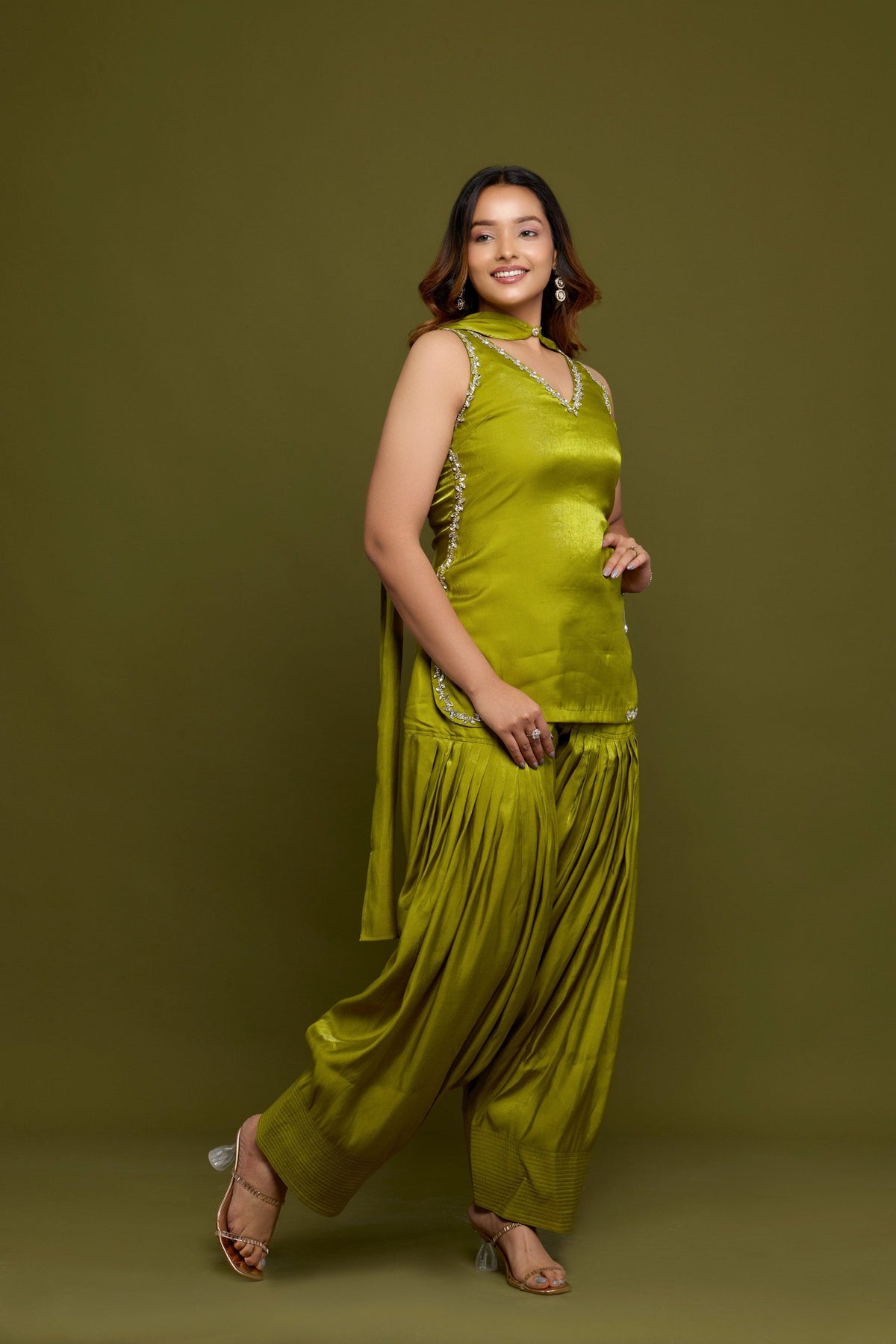 Harita olive satin kurti with crystal trim and dhoti - side view