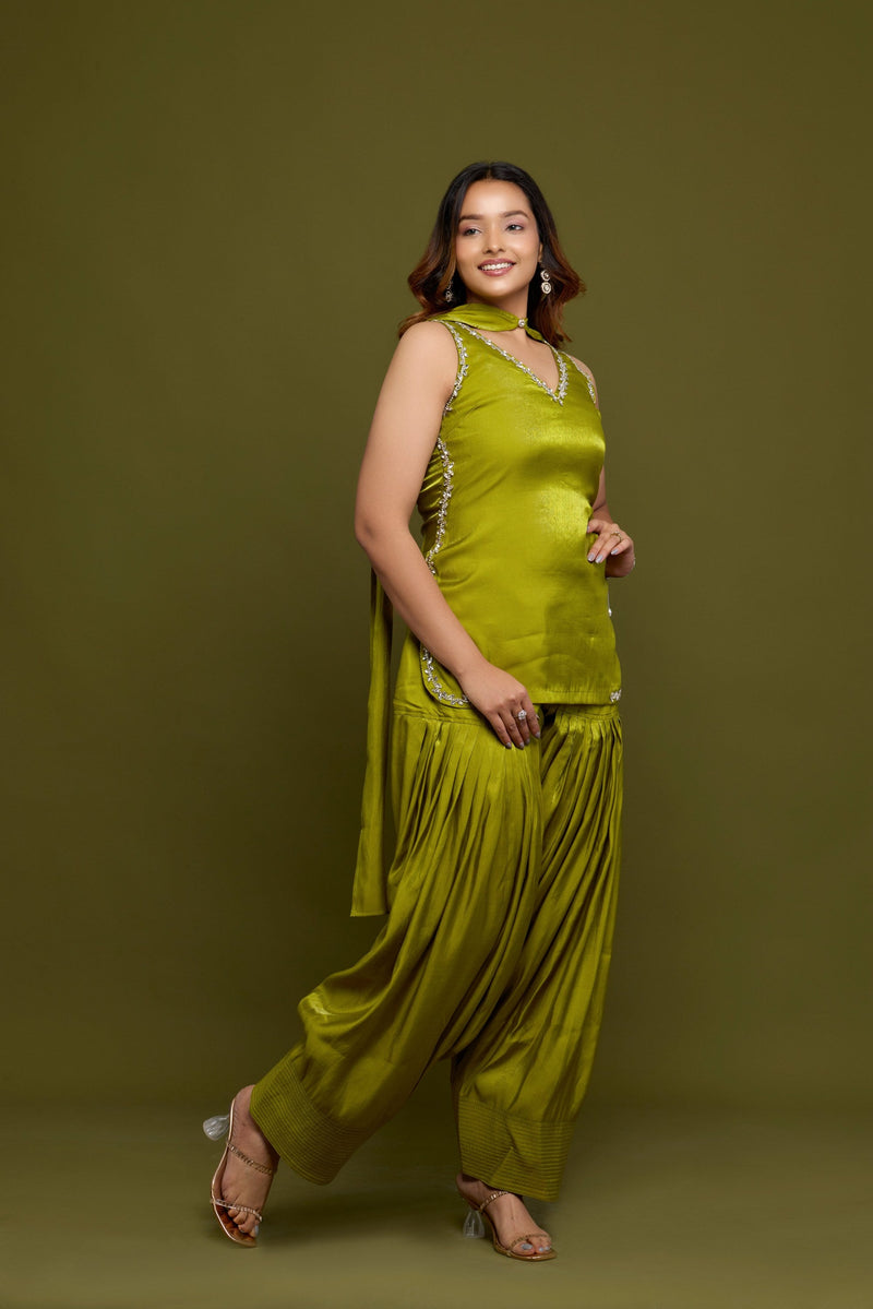 Olive Satin Kurti Set