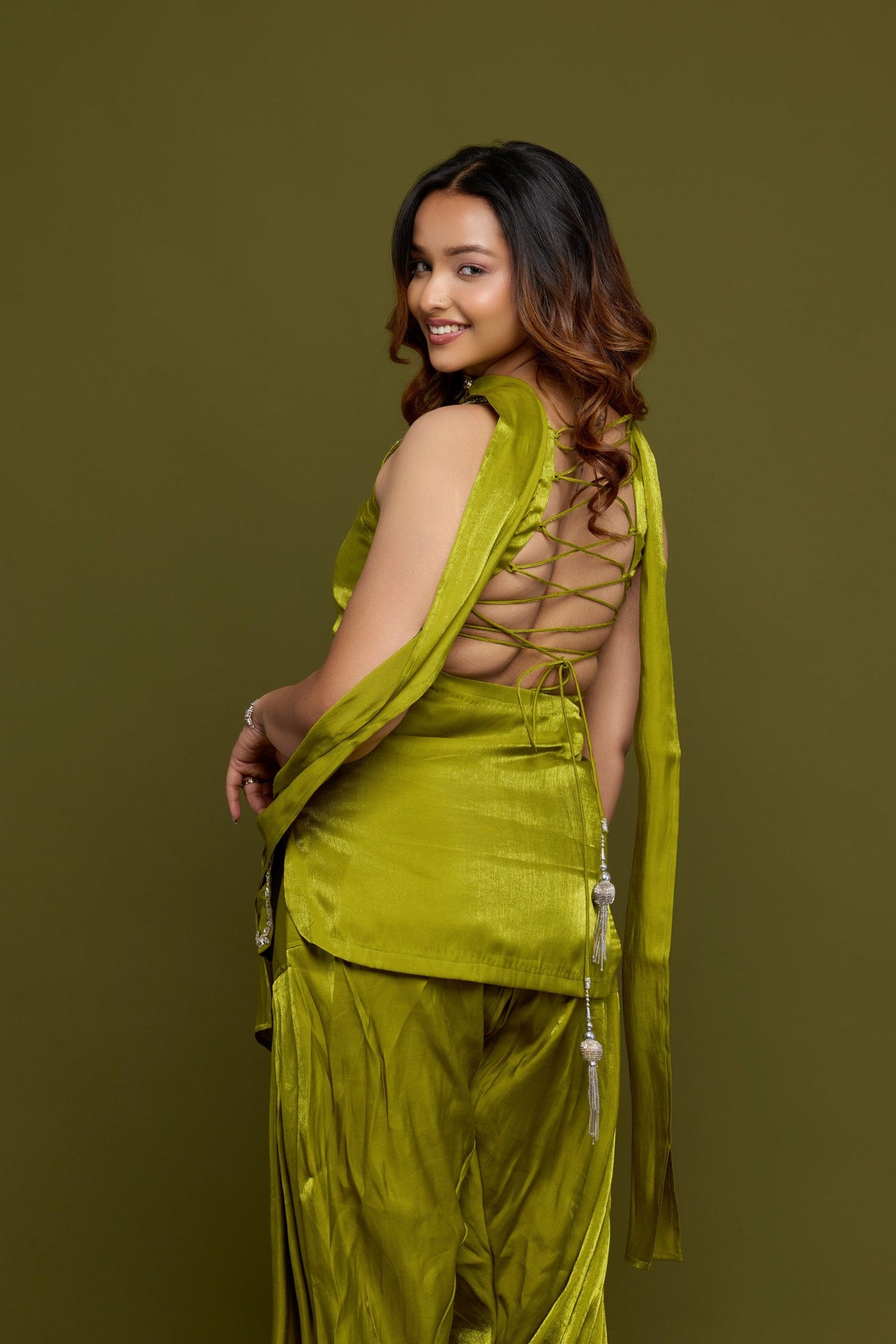 Harita olive satin kurti with crystal trim and dhoti - back view