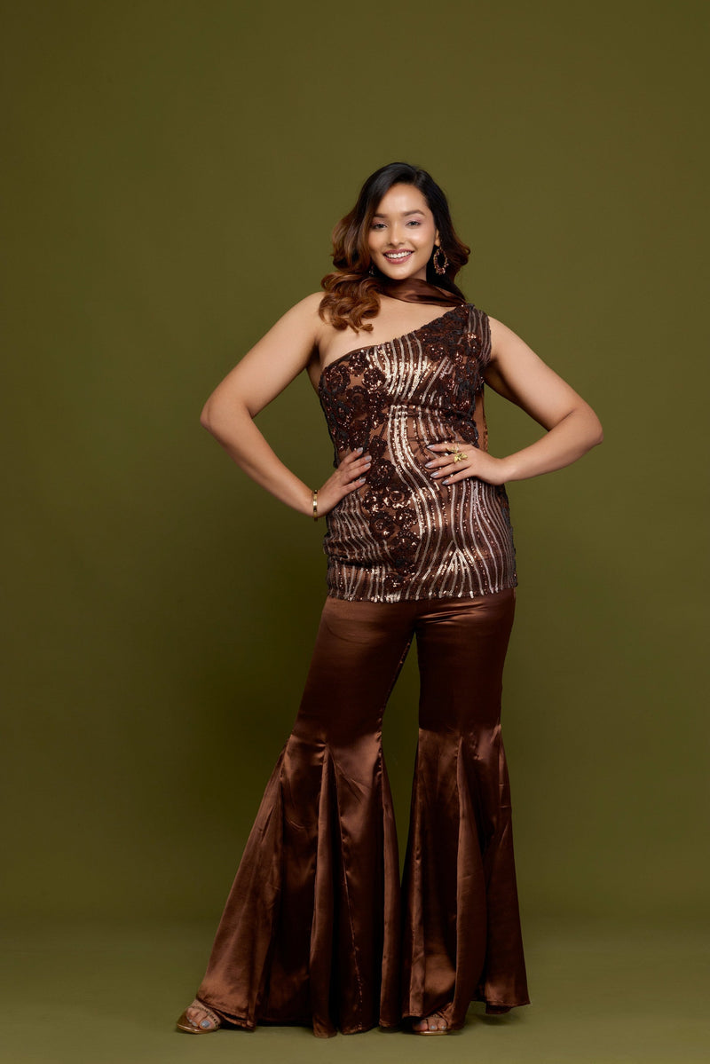 Brown Sequin One-Shoulder Set