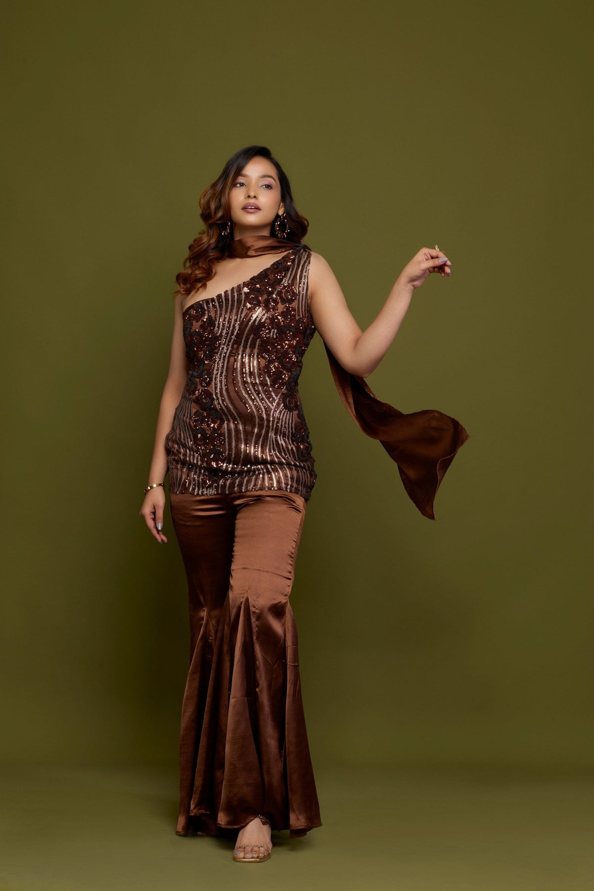 Mohini brown sequin one-shoulder top with fish-cut pants - side view