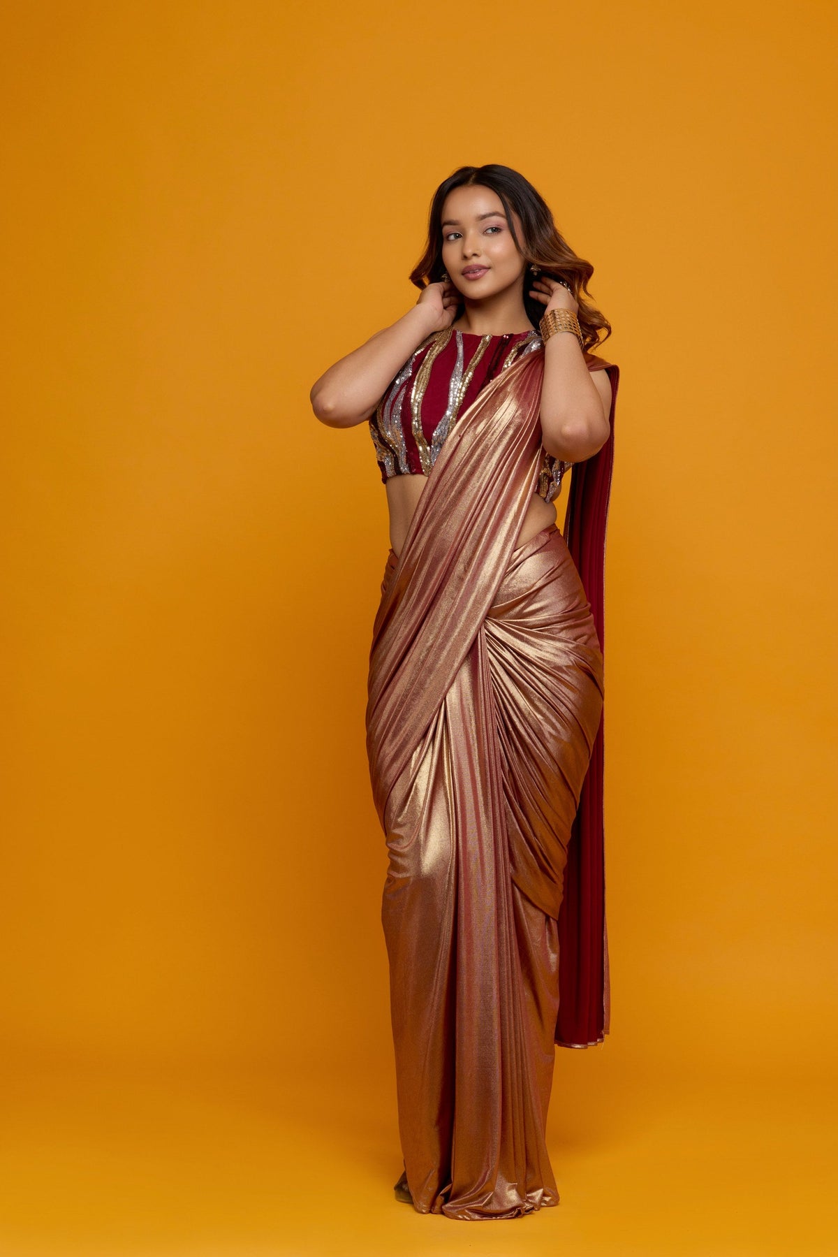 Rukmini rose gold metallic pre-draped saree - detail view