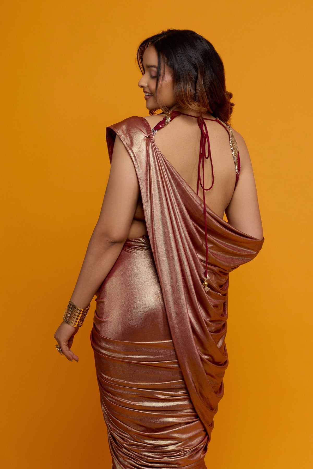 Rukmini rose gold metallic pre-draped saree - back view
