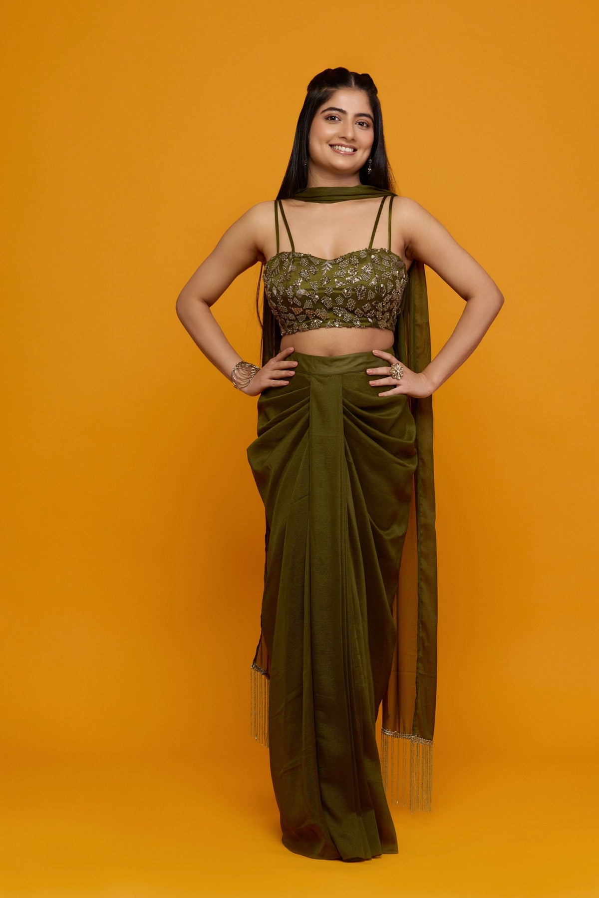 Aranyani olive sequin bustier with draped skirt - front view
