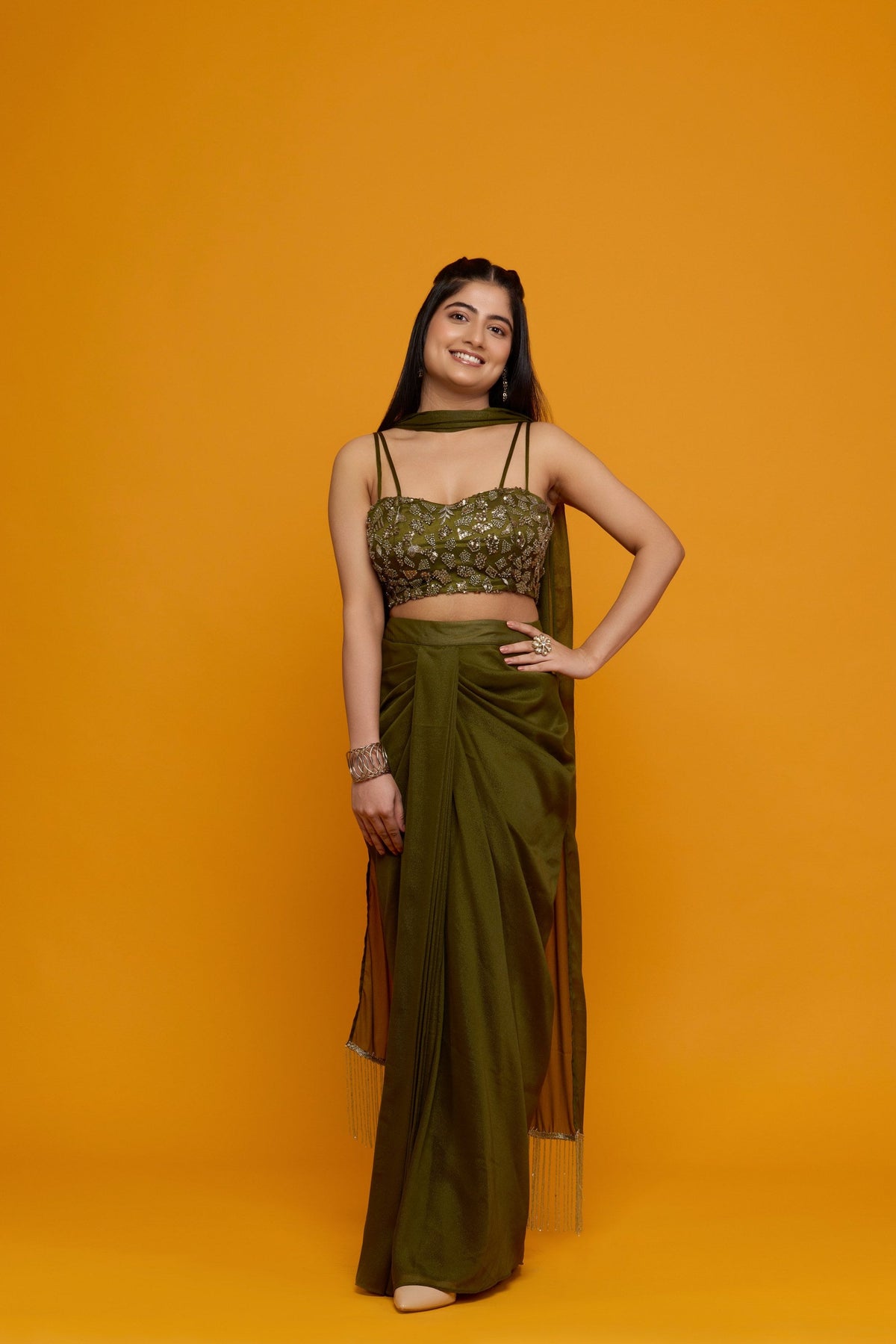Aranyani olive sequin bustier with draped skirt - detail view