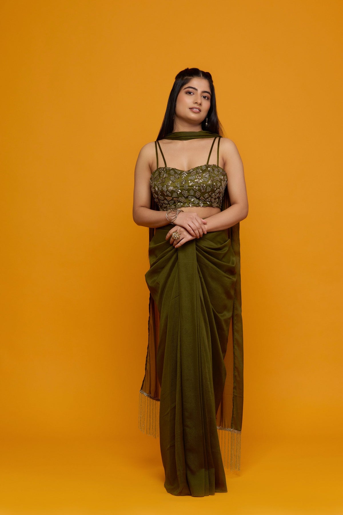 Aranyani olive sequin bustier with draped skirt - back view
