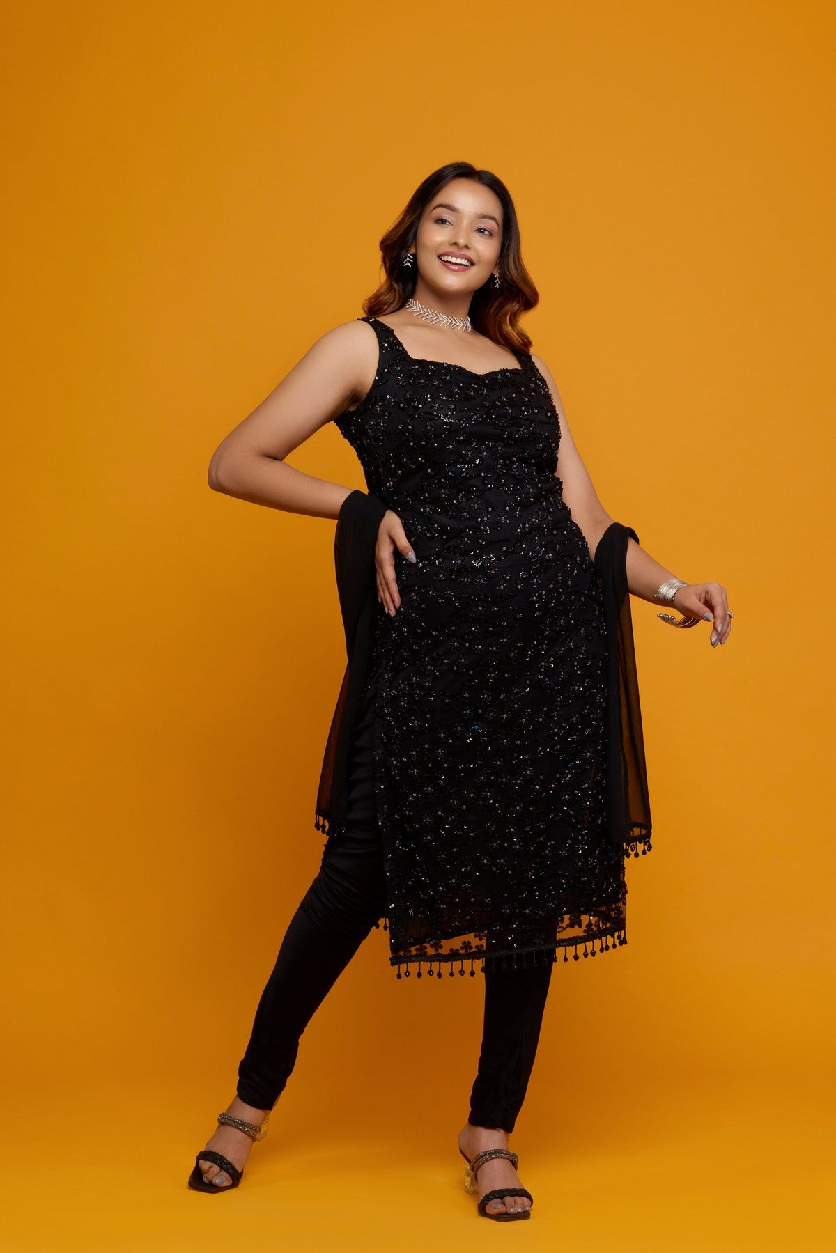 Rajni black sequin and bead kurta with churidar - detail view