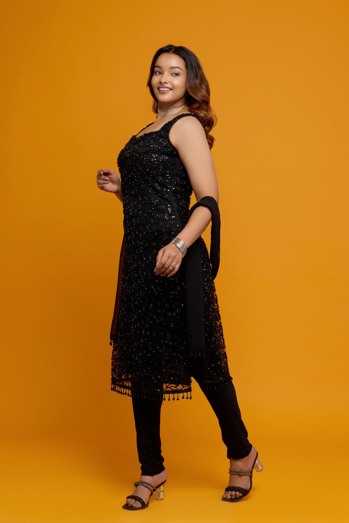 Rajni black sequin and bead kurta with churidar - side view