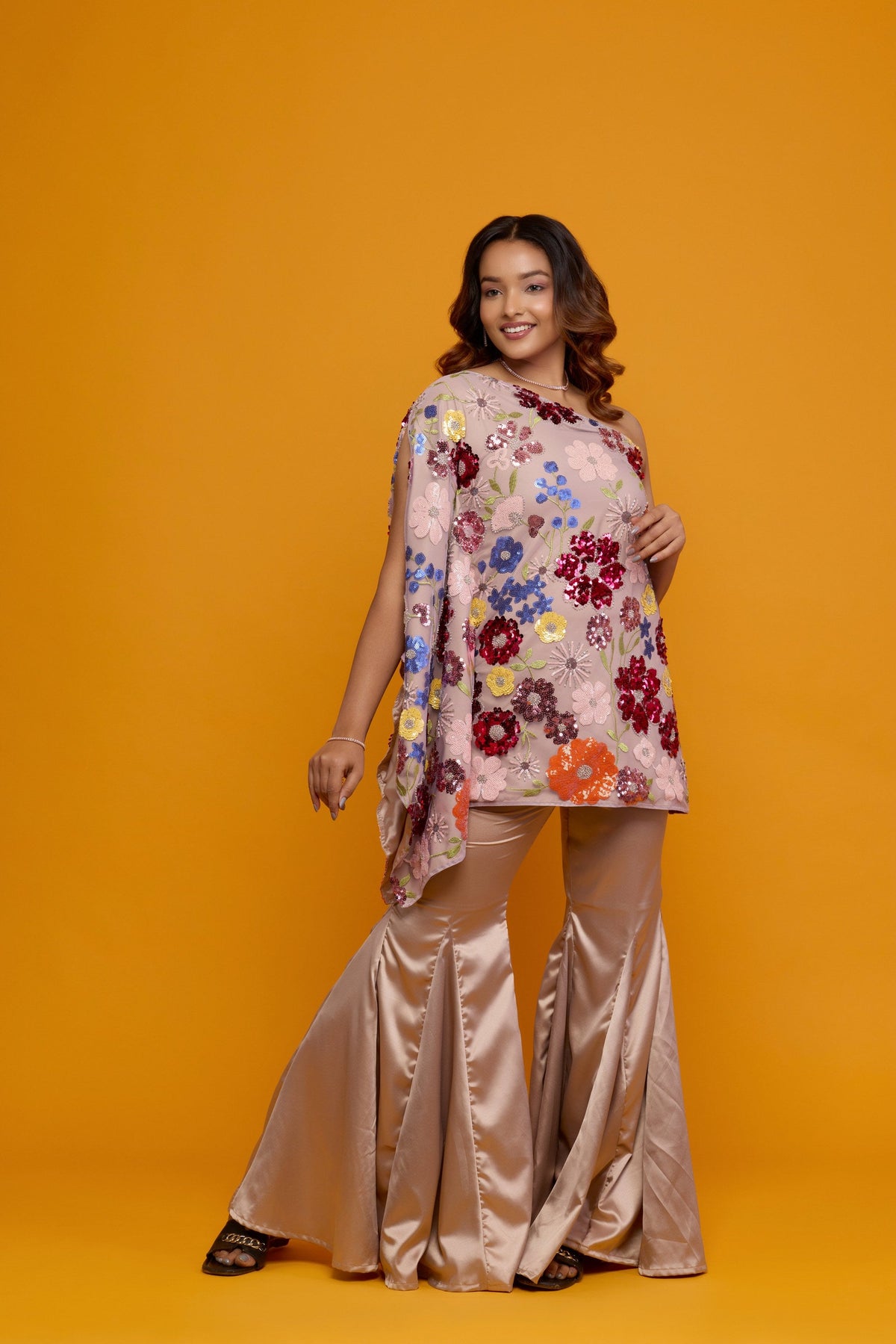 Pushpika blush floral sequin one-shoulder cape set - back view