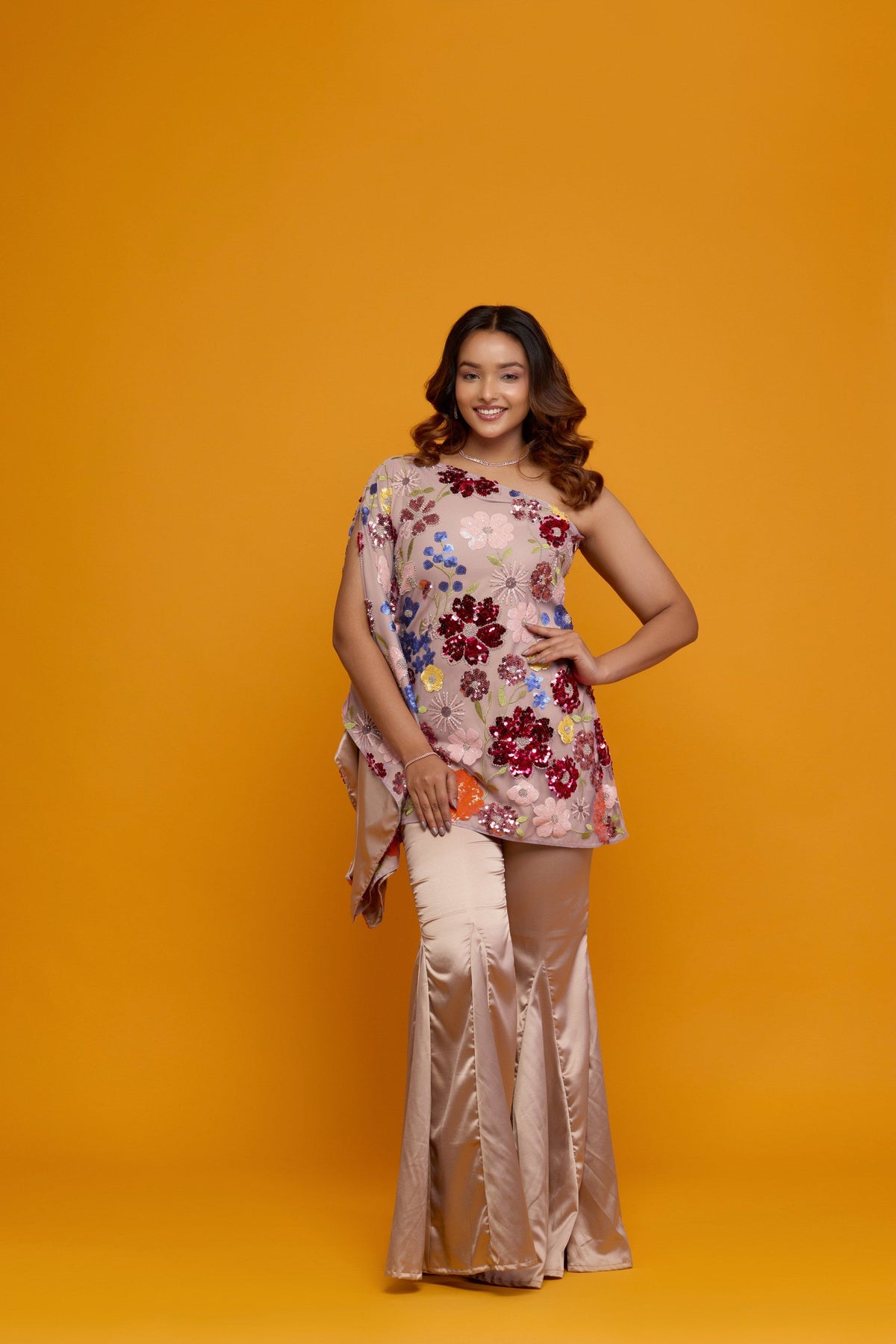 Pushpika blush floral sequin one-shoulder cape set - drape detail