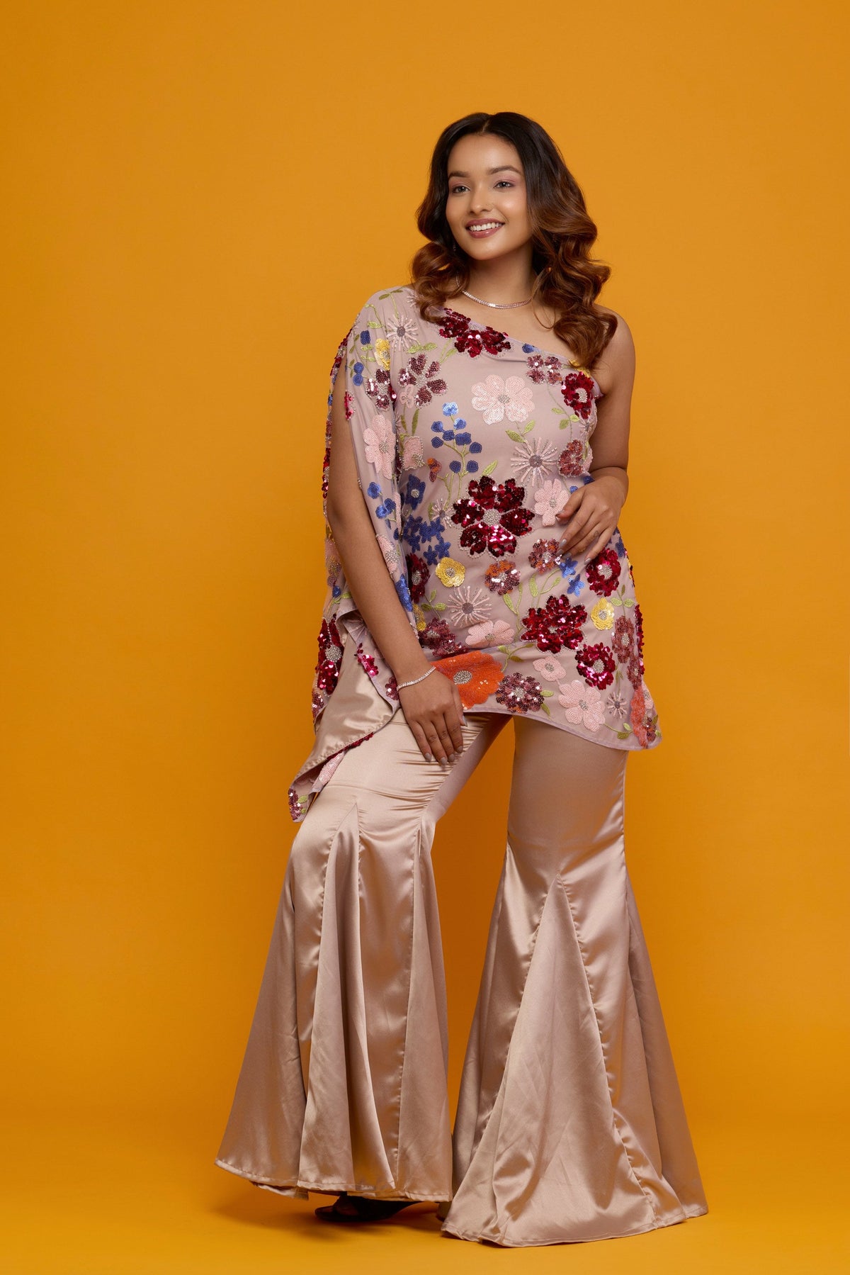Pushpika blush floral sequin one-shoulder cape set - full look