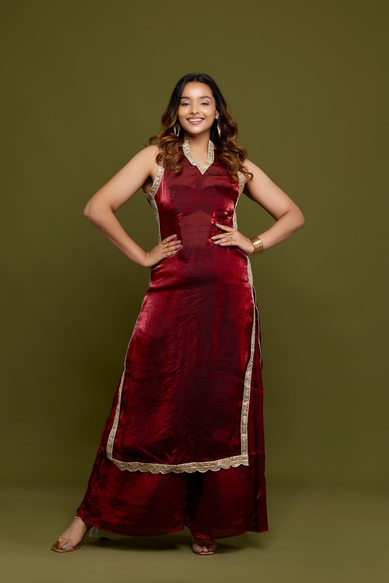 Wine Tissue Kurti Set