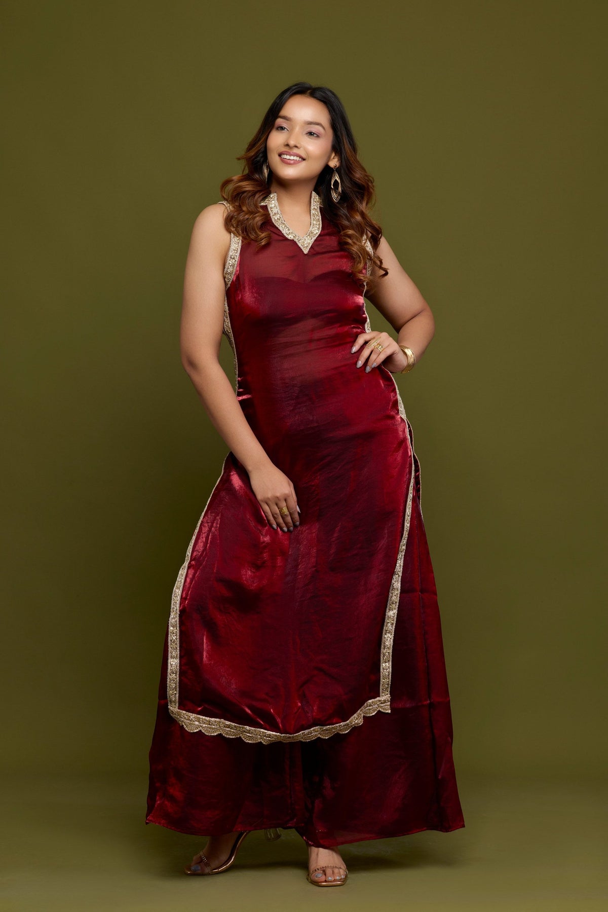 Sindoori wine tissue kurti with lace border and palazzo - detail view