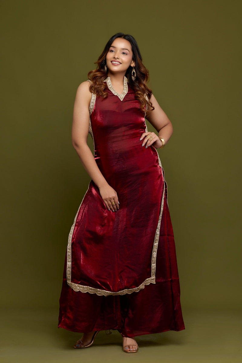 Wine Tissue Kurti Set