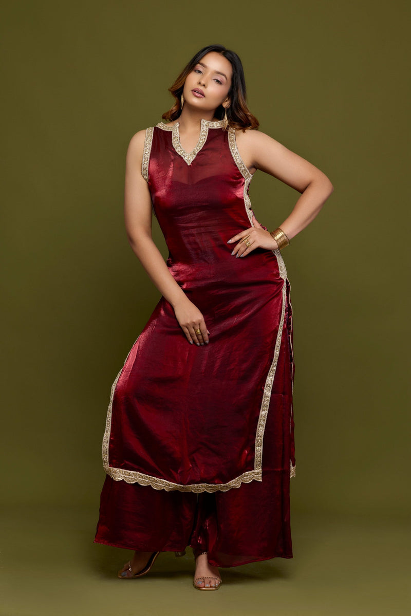 Wine Tissue Kurti Set