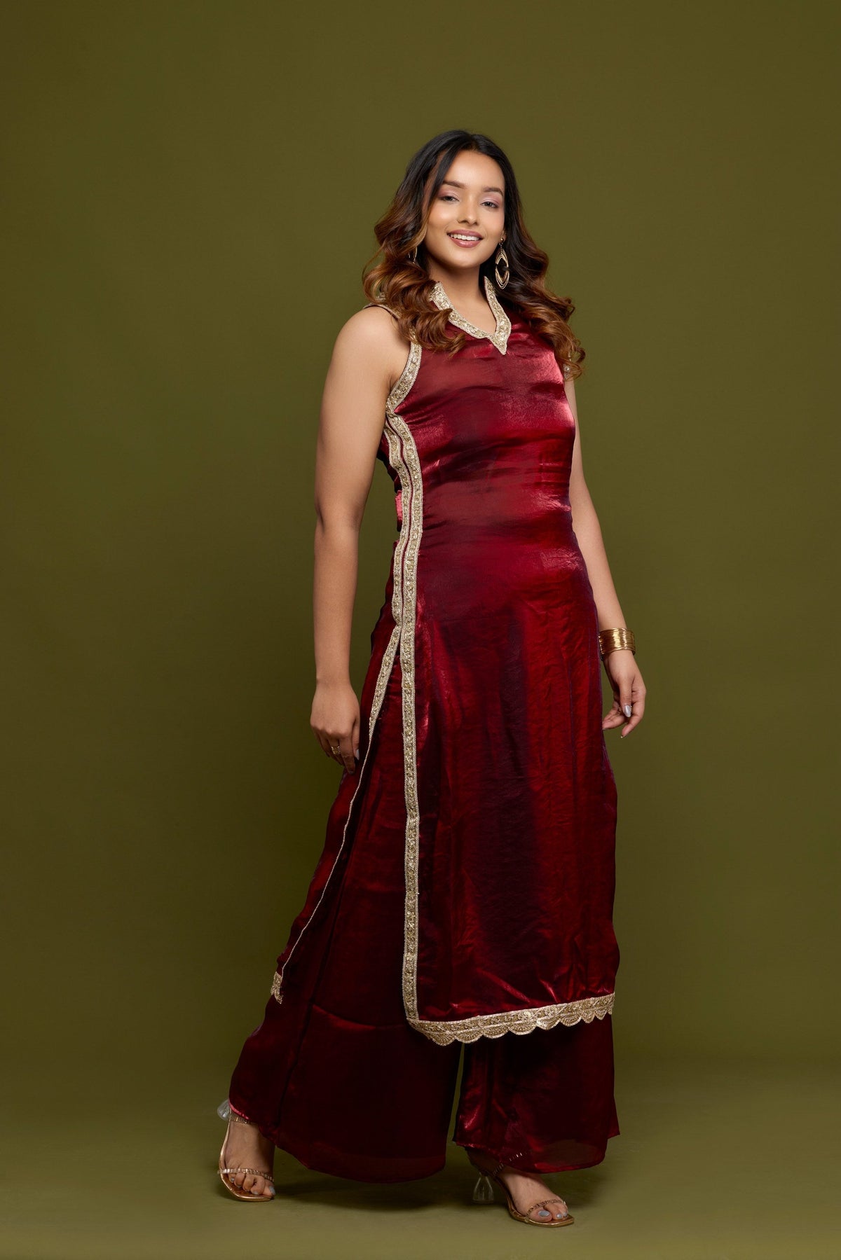 Sindoori wine tissue kurti with lace border and palazzo - back view
