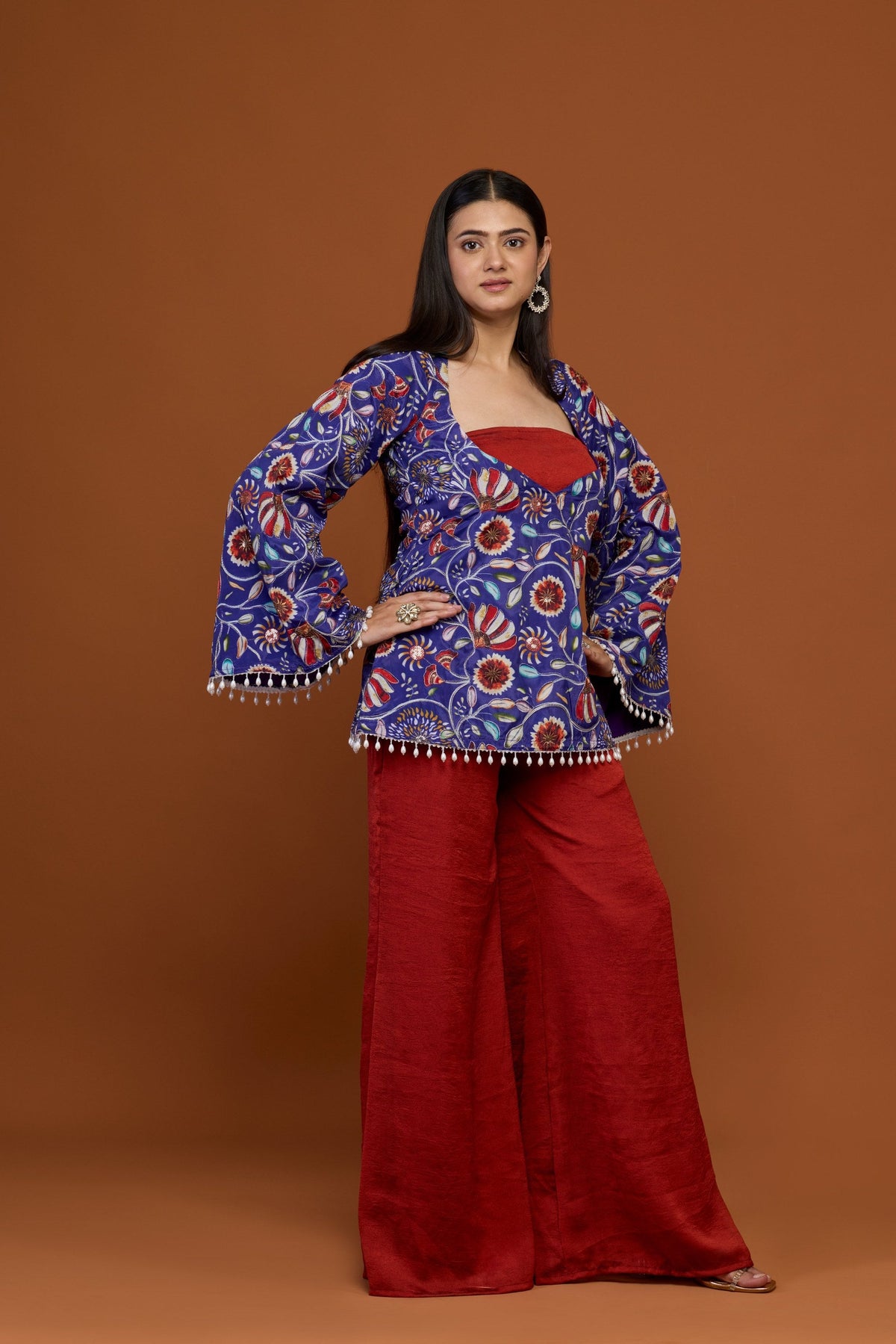 Vasanti blue floral print jacket top with red palazzo set - front view