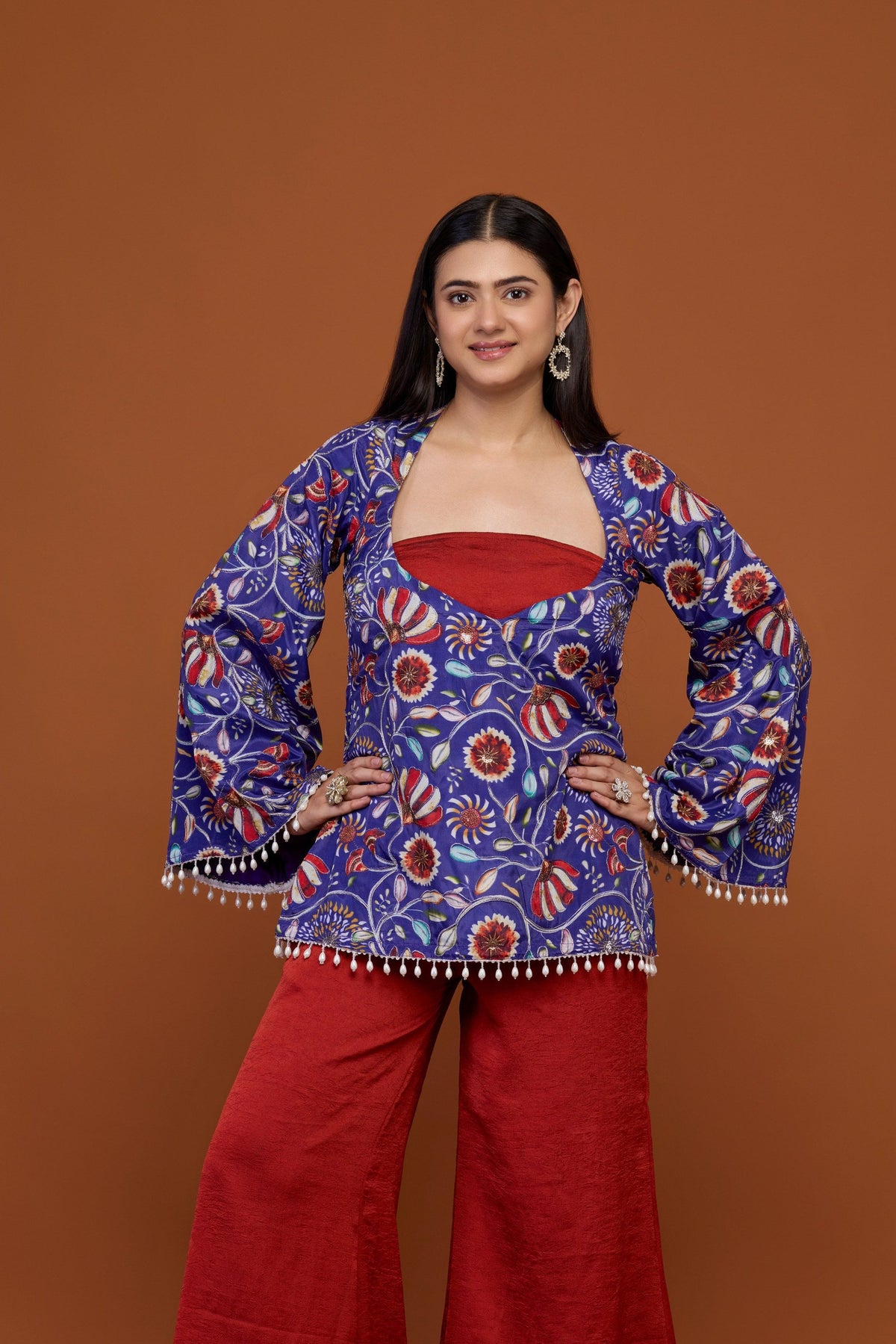 Vasanti blue floral print jacket top with red palazzo set - detail view
