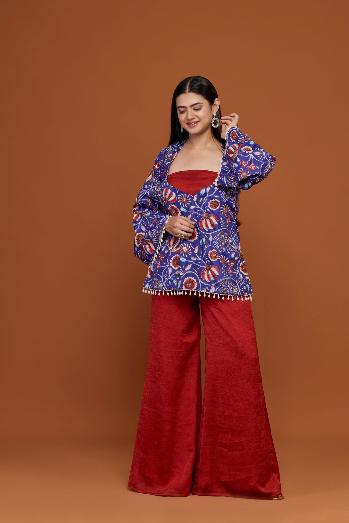 Vasanti blue floral print jacket top with red palazzo set - side view