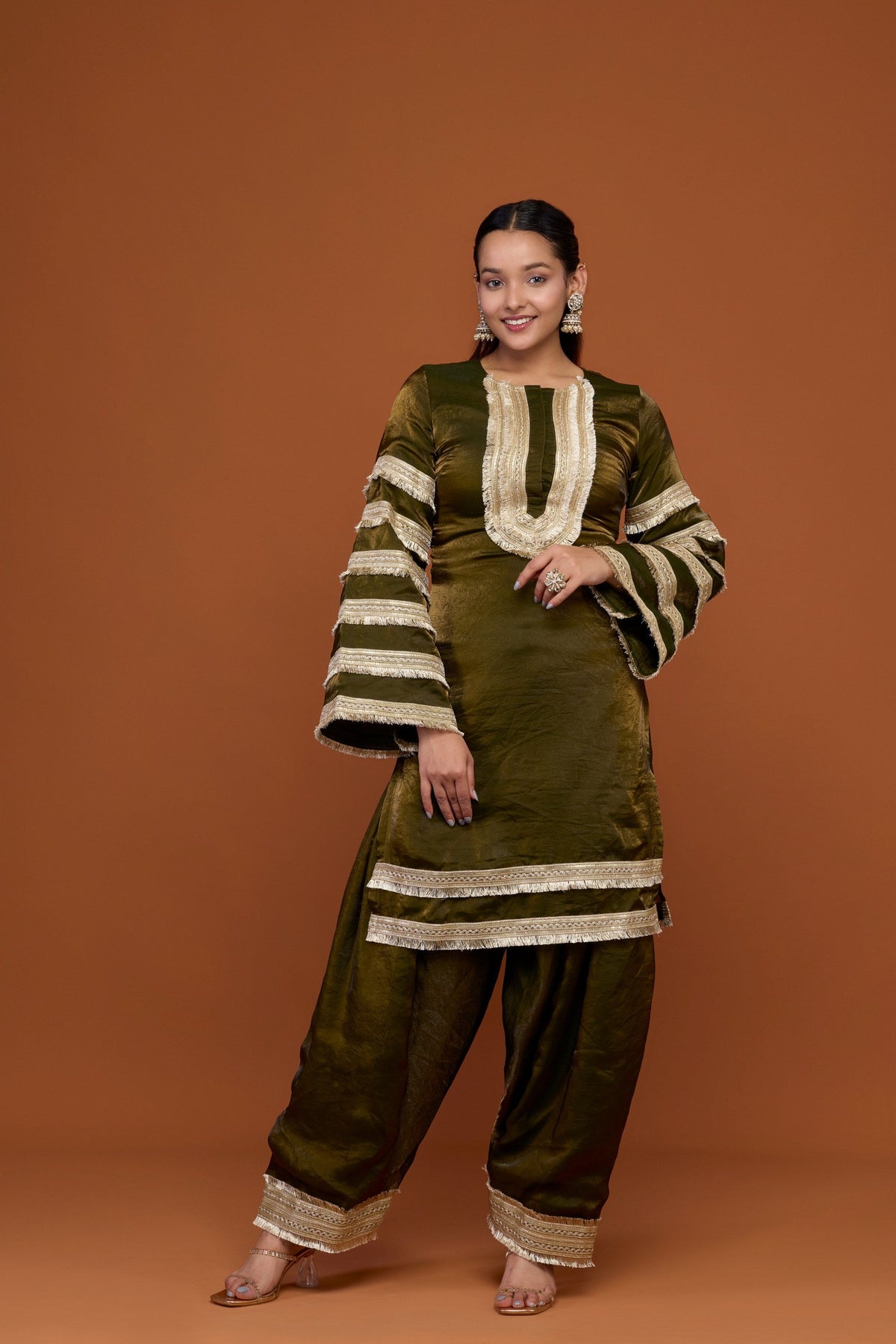 Madhavi olive tissue gota fringe kurta and patiala set - front view
