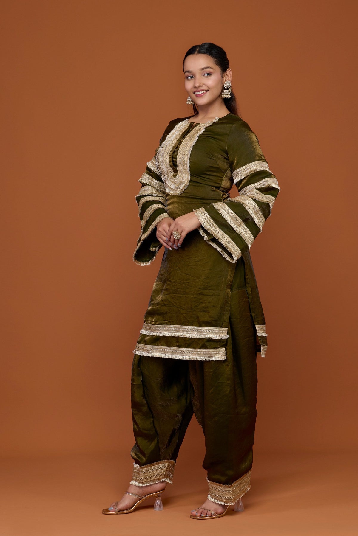 Madhavi olive tissue gota fringe kurta and patiala set - detail view