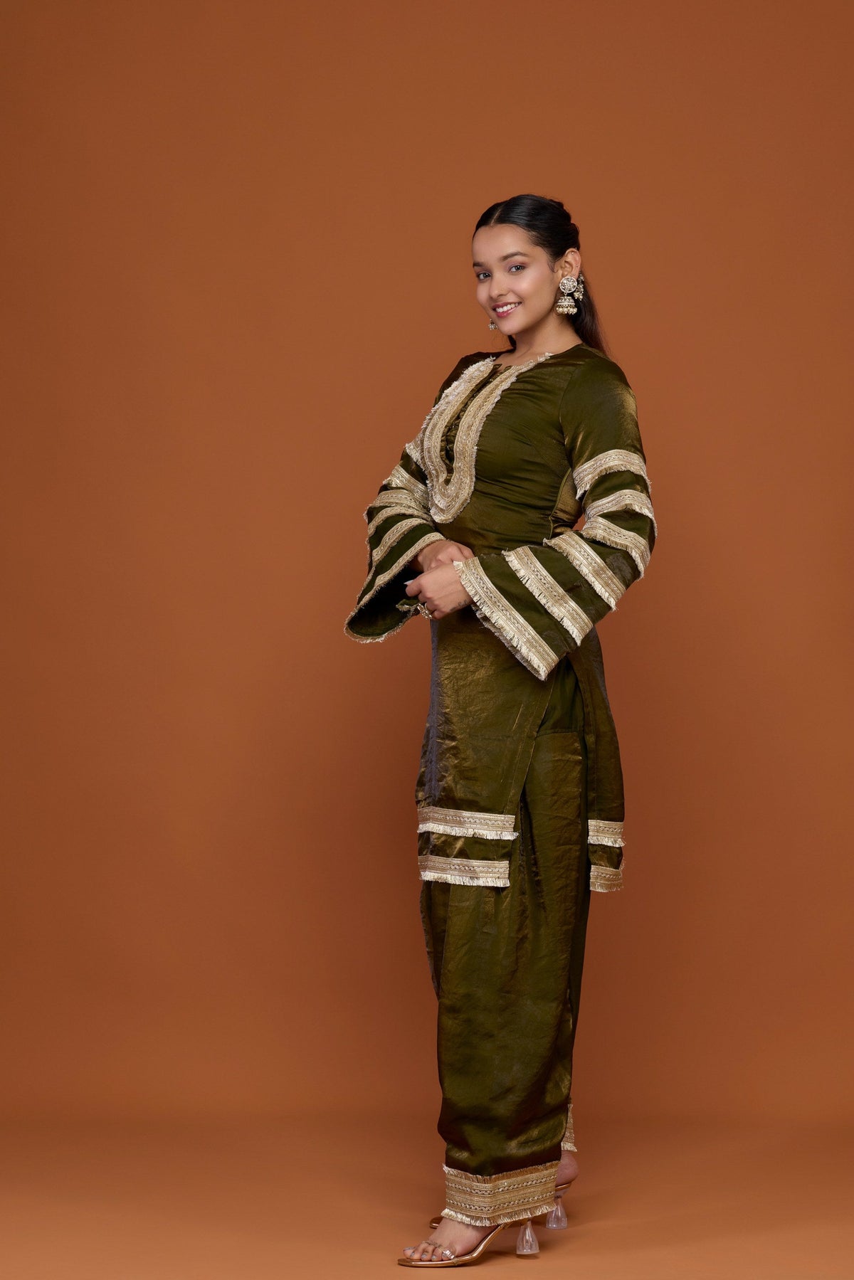 Madhavi olive tissue gota fringe kurta and patiala set - side view