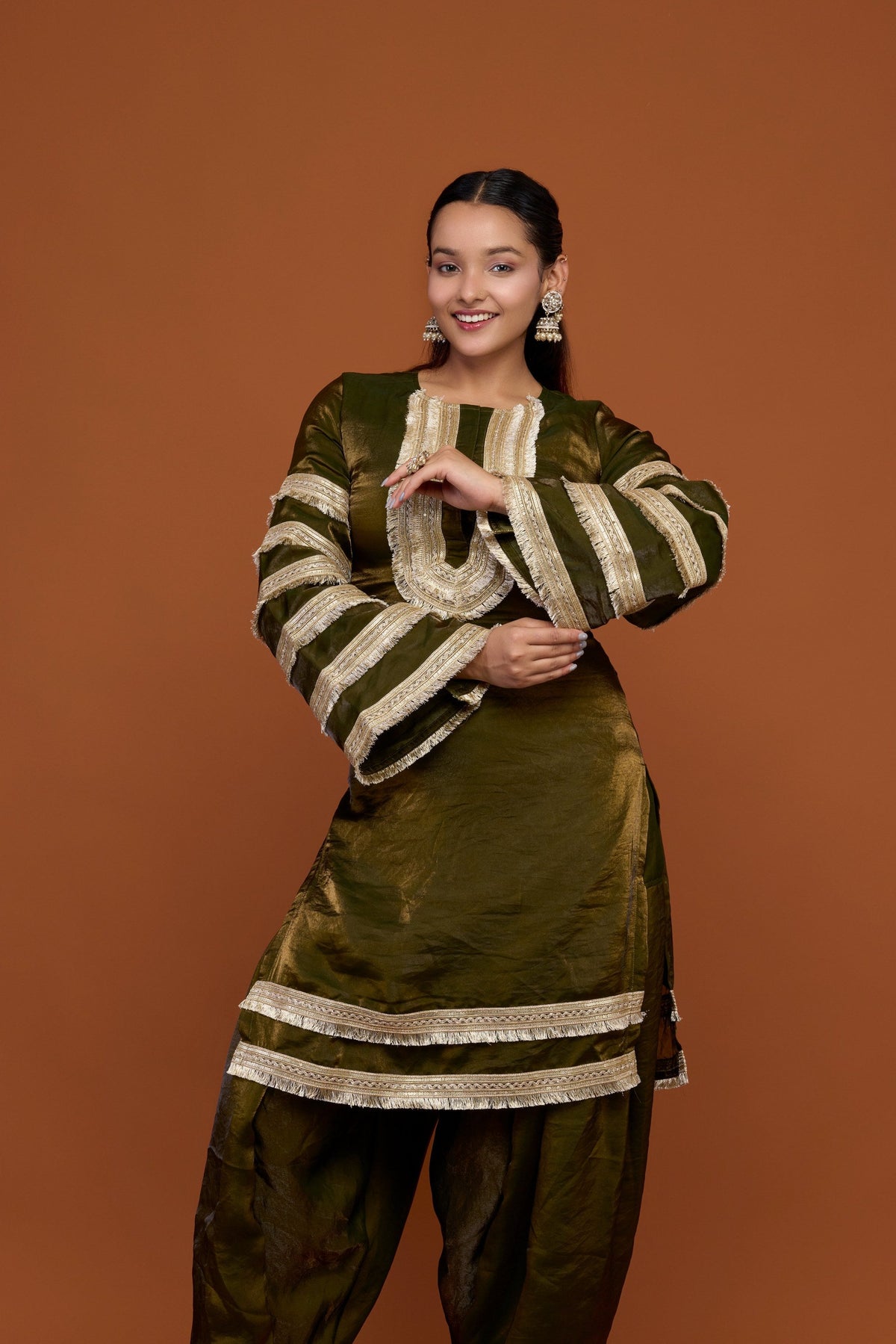Madhavi olive tissue gota fringe kurta and patiala set - back view